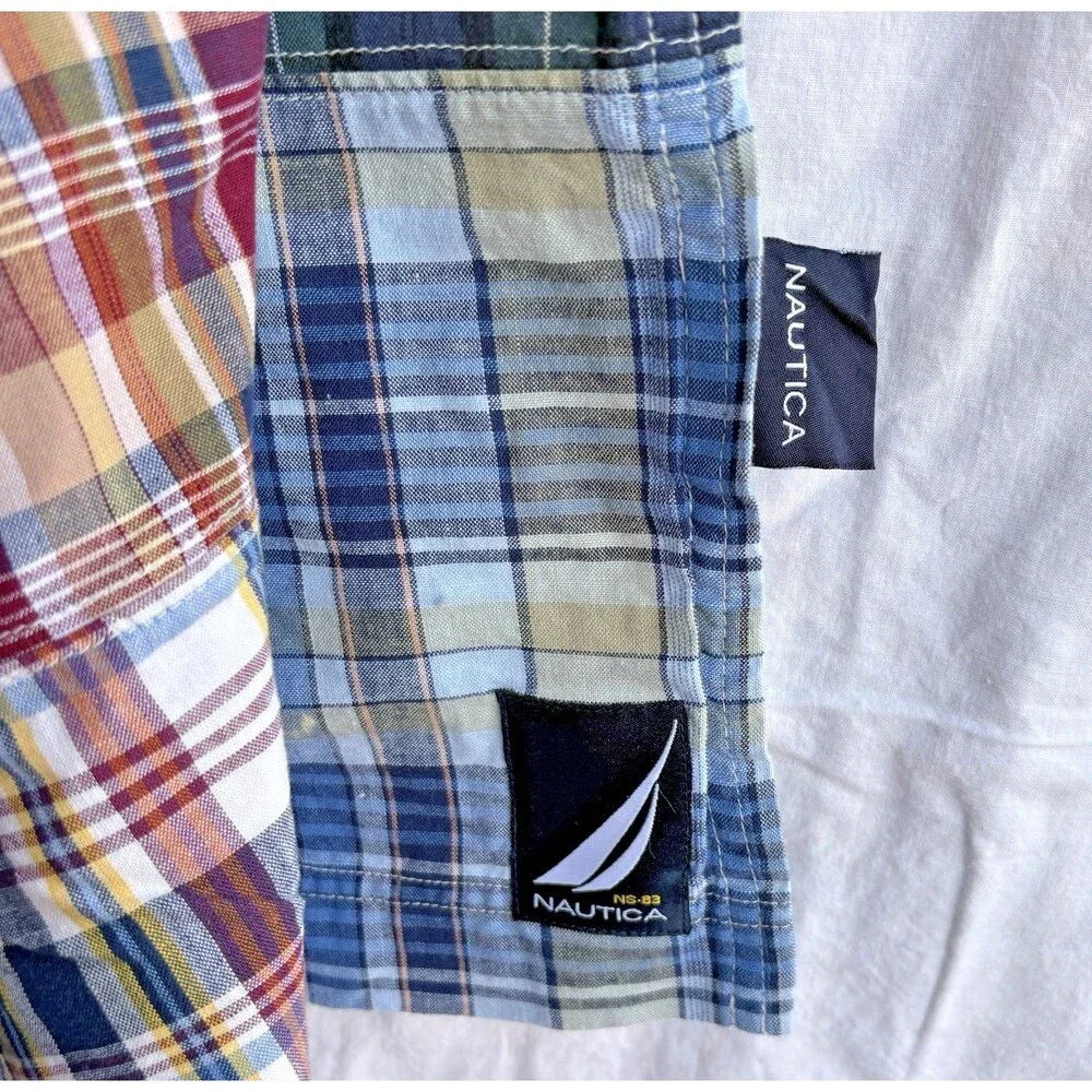 VTG Nautica Madras Plaid Patchwork Shower Curtain Bathroom Preppy Lined Cotton